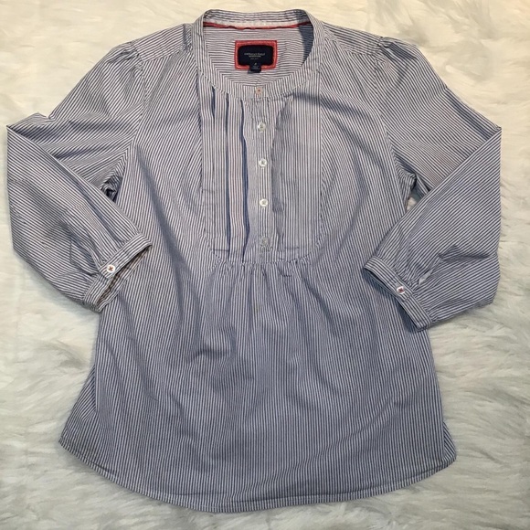 American Eagle Outfitters White Blue Stripes  3/4 sleeve Chinese Collar Shirt - Picture 1 of 4